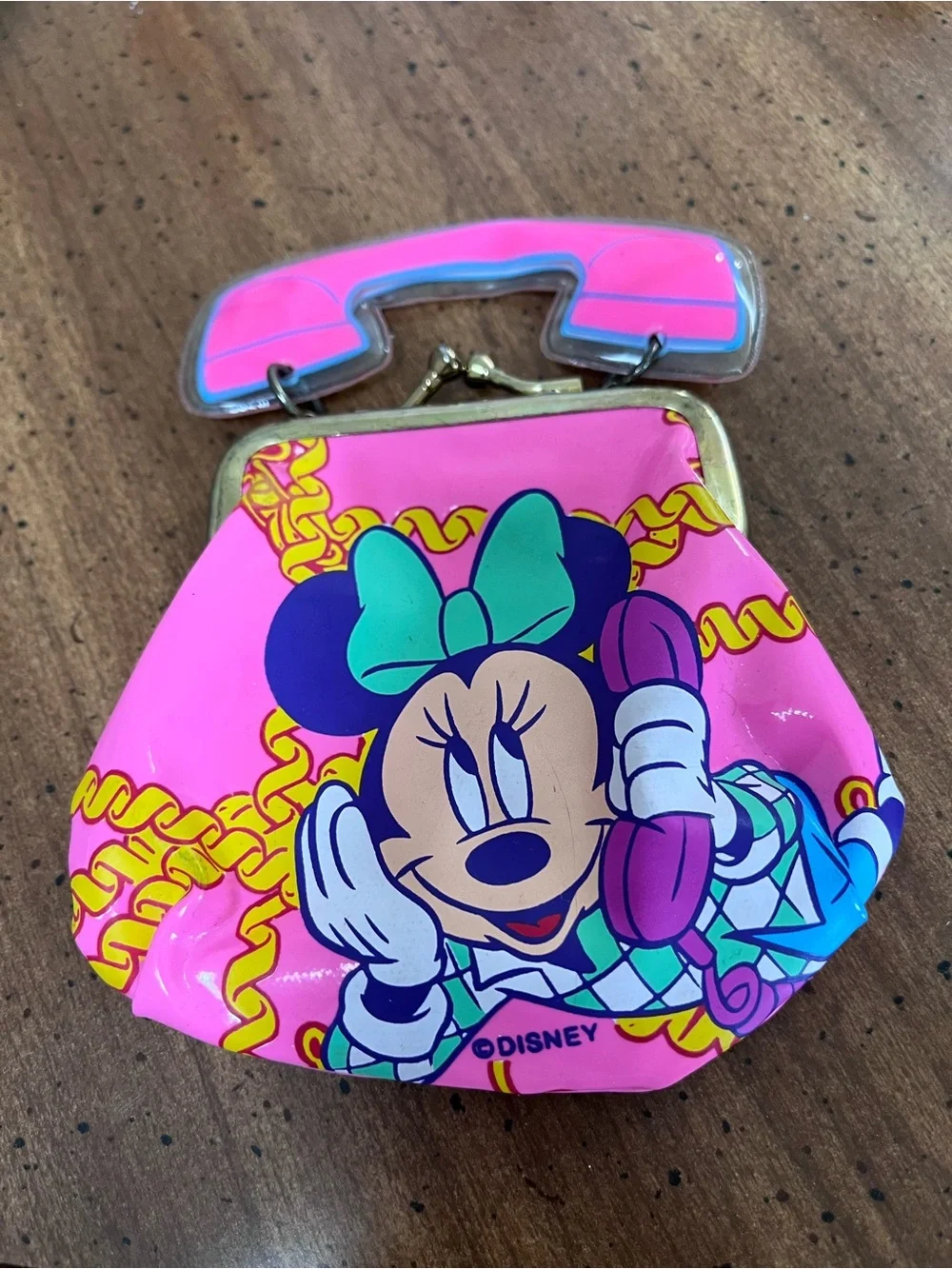 Vintage Minnie Mouse Phone Coin Purse 80s/90s Pink Gold Kiss Lock Disney